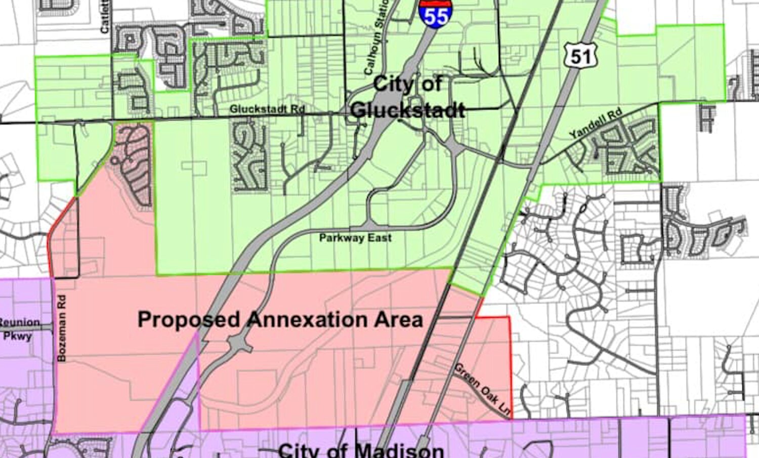 A map shows the planned annexation area by the City of Gluckstadt.